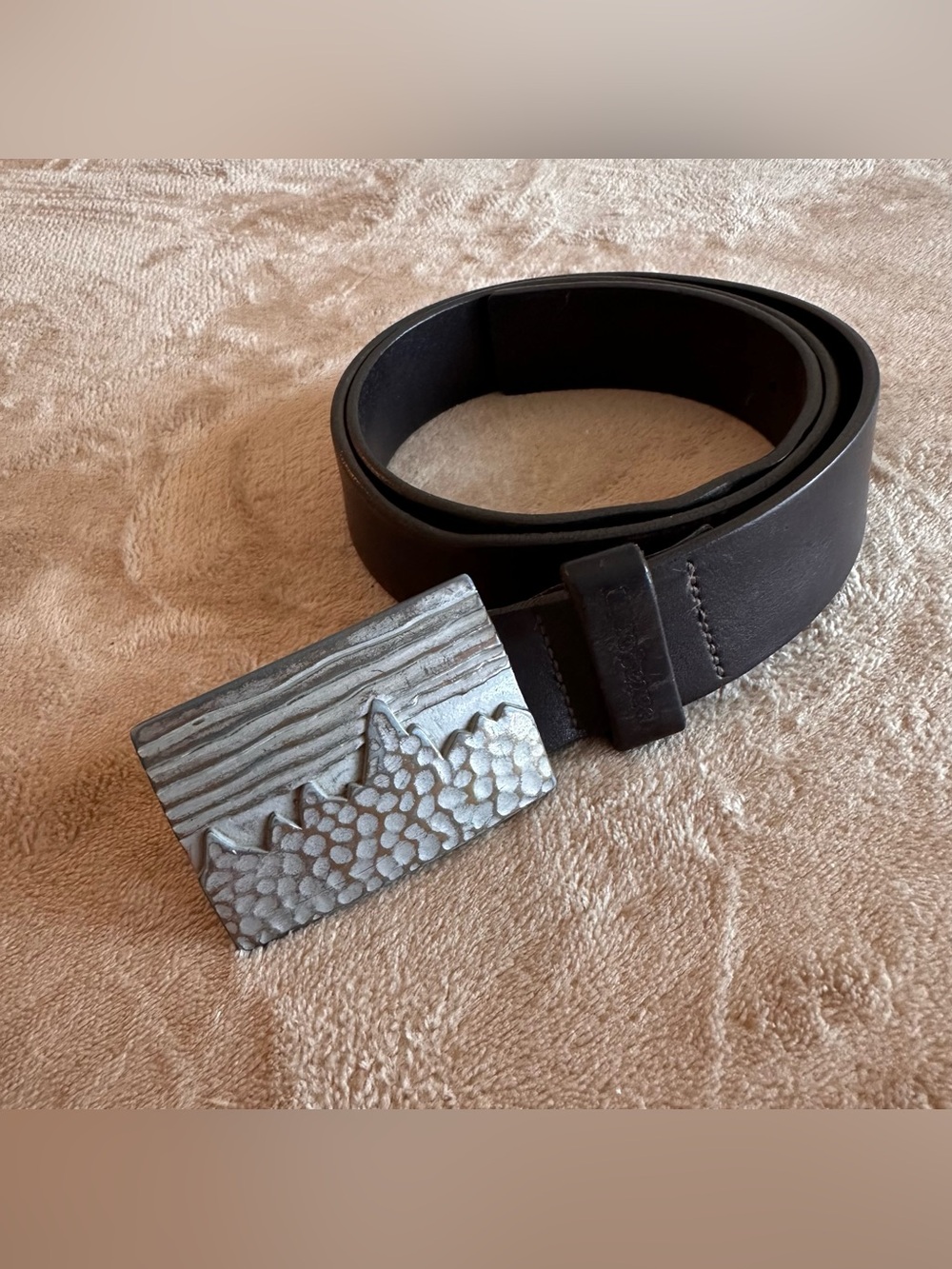 Patagonia Made in USA Men's Fitz Roy Skyline Metal Buckle Leather Belt Brown 34